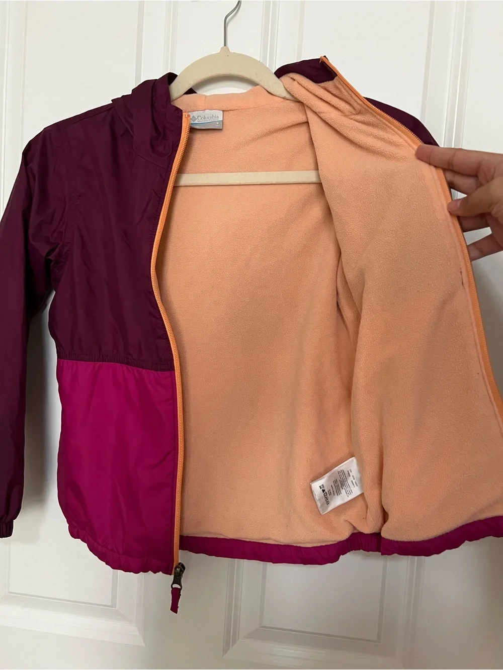 Columbia Kids Girls Two-Tone Hooded Jacket - Berry & Hot Pink with Orange Zipper